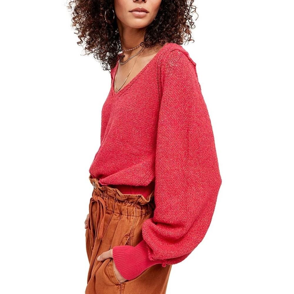 Free People Riptide Sweater Slouchy Knit Pink Red V Neck Balloon Sleeve Womens S